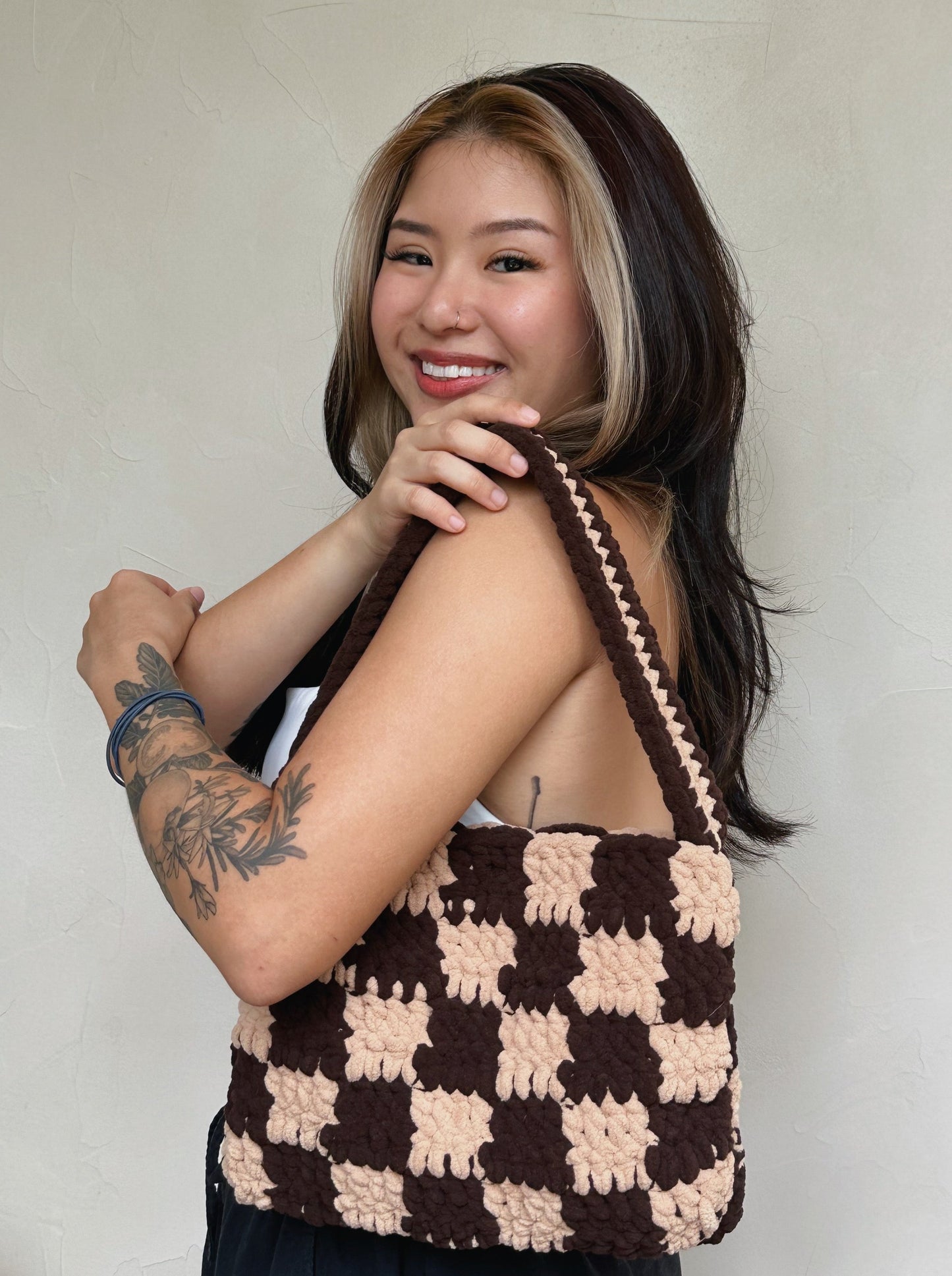 Teddy & Chocolate Checkered Fuzzy Bag