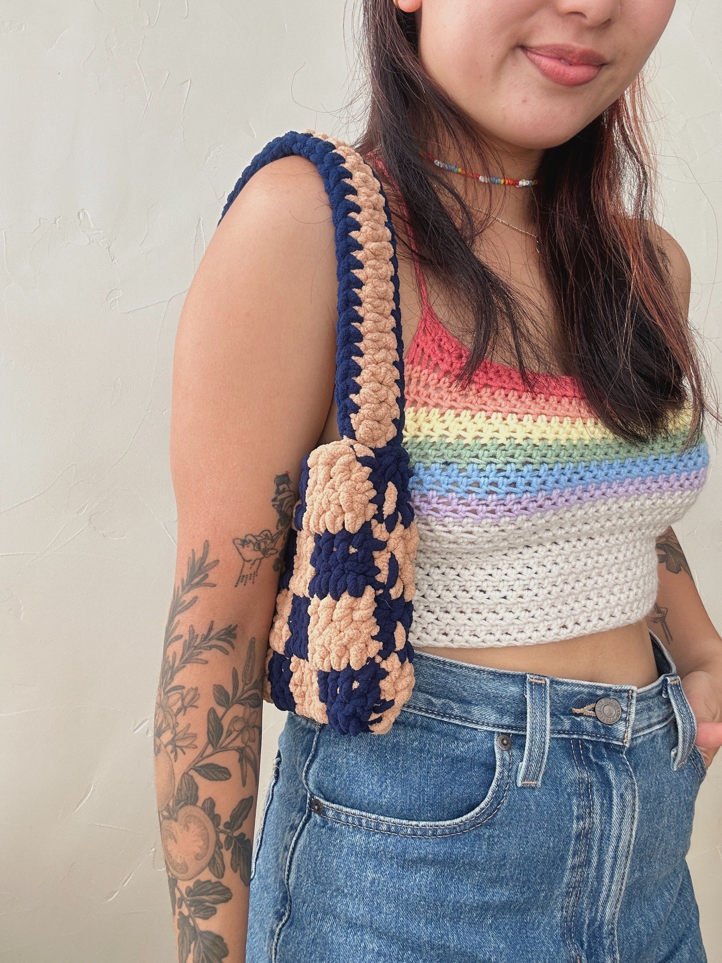 Teddy & Navy Checkered Fuzzy Bag